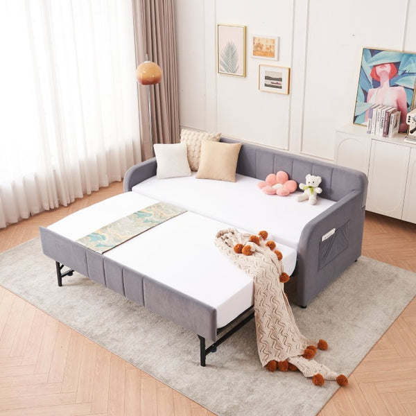 English Elm Twin Upholstered Daybed with Trundle Sofa Style Pine Frame for Guest Bedroom Grey W1361S00112