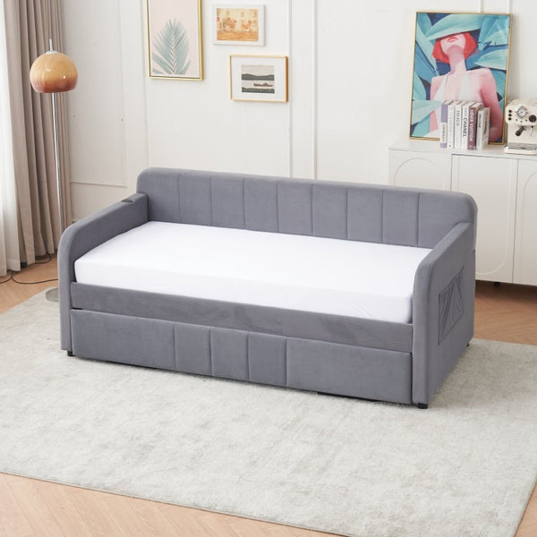 English Elm Twin Upholstered Daybed with Trundle Sofa Style Pine Frame for Guest Bedroom Grey W1361S00112
