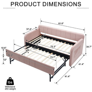 English Elm Twin Upholstered Daybed with Trundle Sofa Style Pine Frame for Guest Bedroom Pink W1361S00113