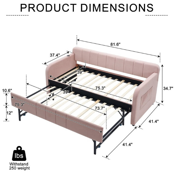 English Elm Twin Upholstered Daybed with Trundle Sofa Style Pine Frame for Guest Bedroom Pink W1361S00113
