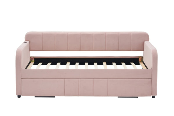 English Elm Twin Upholstered Daybed with Trundle Sofa Style Pine Frame for Guest Bedroom Pink W1361S00113