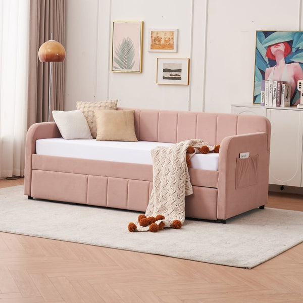 English Elm Twin Upholstered Daybed with Trundle Sofa Style Pine Frame for Guest Bedroom Pink W1361S00113