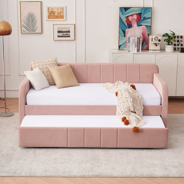English Elm Twin Upholstered Daybed with Trundle Sofa Style Pine Frame for Guest Bedroom Pink W1361S00113