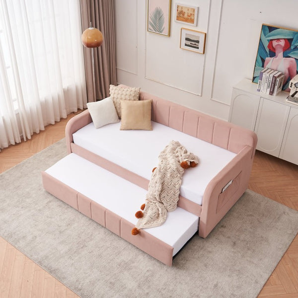 English Elm Twin Upholstered Daybed with Trundle Sofa Style Pine Frame for Guest Bedroom Pink W1361S00113
