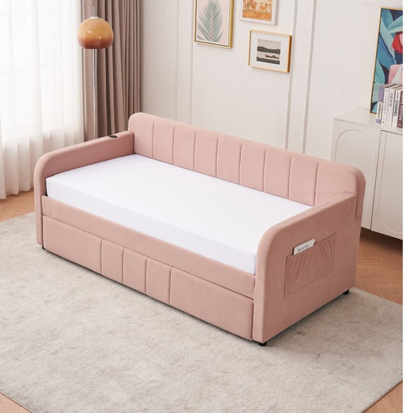 English Elm Twin Upholstered Daybed with Trundle Sofa Style Pine Frame for Guest Bedroom Pink W1361S00113