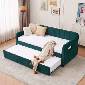 English Elm Twin Upholstered Daybed with Trundle Sofa Style Pine Frame for Guest Bedroom Emerald W1361S00114