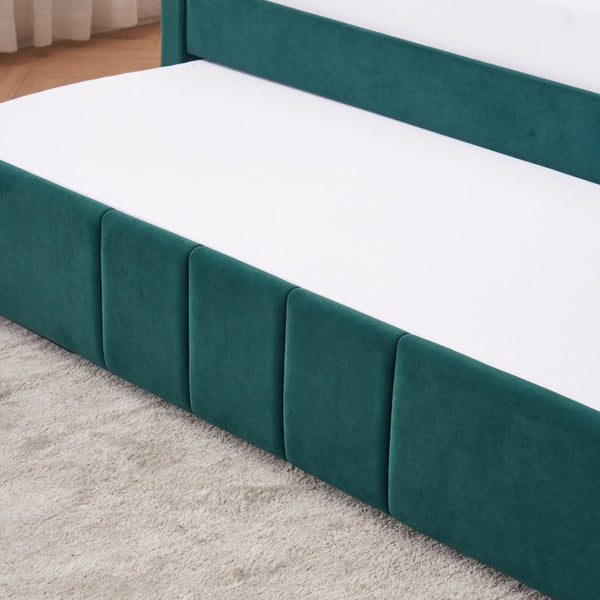 English Elm Twin Upholstered Daybed with Trundle Sofa Style Pine Frame for Guest Bedroom Emerald W1361S00114