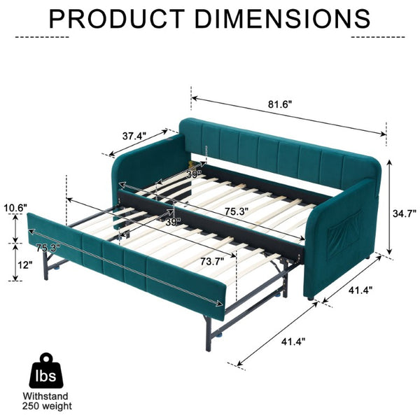 English Elm Twin Upholstered Daybed with Trundle Sofa Style Pine Frame for Guest Bedroom Emerald W1361S00114