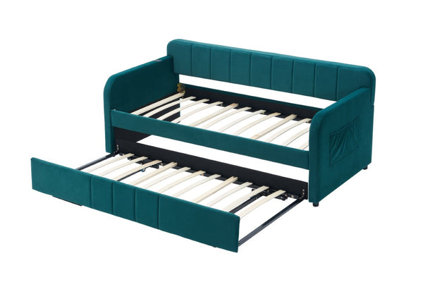 English Elm Twin Upholstered Daybed with Trundle Sofa Style Pine Frame for Guest Bedroom Emerald W1361S00114