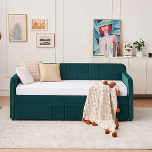 English Elm Twin Upholstered Daybed with Trundle Sofa Style Pine Frame for Guest Bedroom Emerald W1361S00114