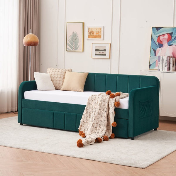 English Elm Twin Upholstered Daybed with Trundle Sofa Style Pine Frame for Guest Bedroom Emerald W1361S00114