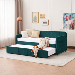 English Elm Twin Upholstered Daybed with Trundle Sofa Style Pine Frame for Guest Bedroom Emerald W1361S00114