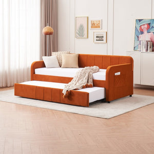 English Elm Twin Upholstered Daybed with Trundle Sofa Style Pine Frame for Guest Bedroom Orange W1361S00115