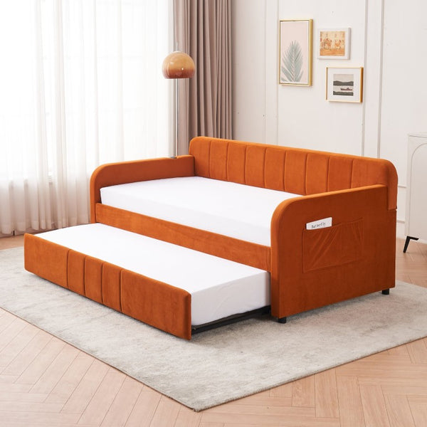 English Elm Twin Upholstered Daybed with Trundle Sofa Style Pine Frame for Guest Bedroom Orange W1361S00115