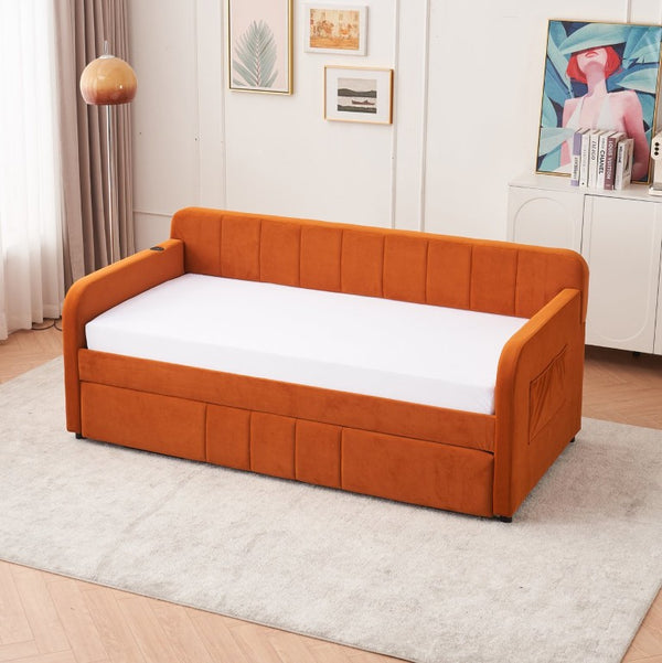 English Elm Twin Upholstered Daybed with Trundle Sofa Style Pine Frame for Guest Bedroom Orange W1361S00115