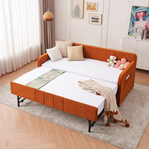 English Elm Twin Upholstered Daybed with Trundle Sofa Style Pine Frame for Guest Bedroom Orange W1361S00115