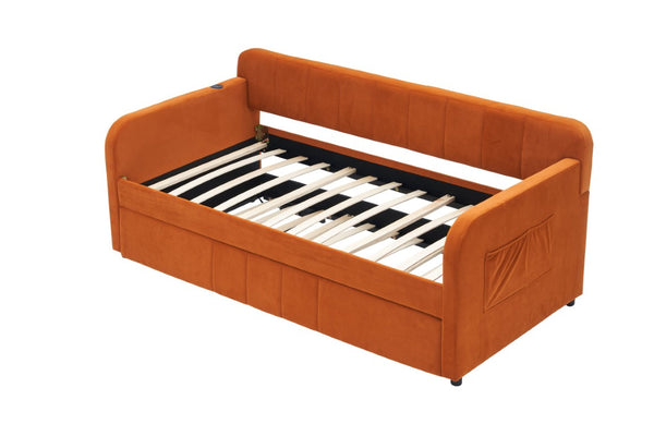 English Elm Twin Upholstered Daybed with Trundle Sofa Style Pine Frame for Guest Bedroom Orange W1361S00115