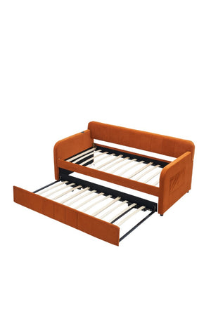 English Elm Twin Upholstered Daybed with Trundle Sofa Style Pine Frame for Guest Bedroom Orange W1361S00115