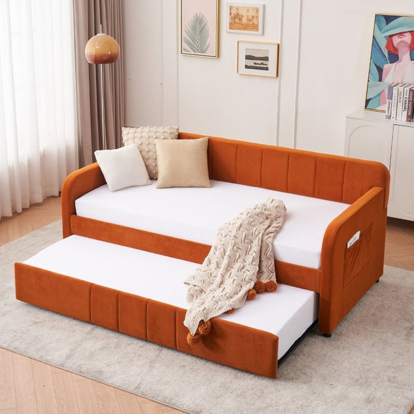 English Elm Twin Upholstered Daybed with Trundle Sofa Style Pine Frame for Guest Bedroom Orange W1361S00115