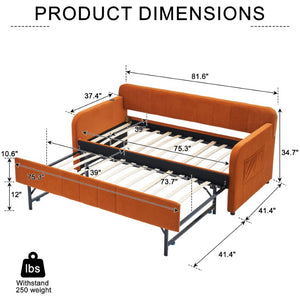 English Elm Twin Upholstered Daybed with Trundle Sofa Style Pine Frame for Guest Bedroom Orange W1361S00115