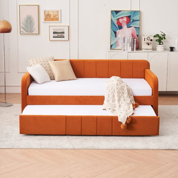 English Elm Twin Upholstered Daybed with Trundle Sofa Style Pine Frame for Guest Bedroom Orange W1361S00115