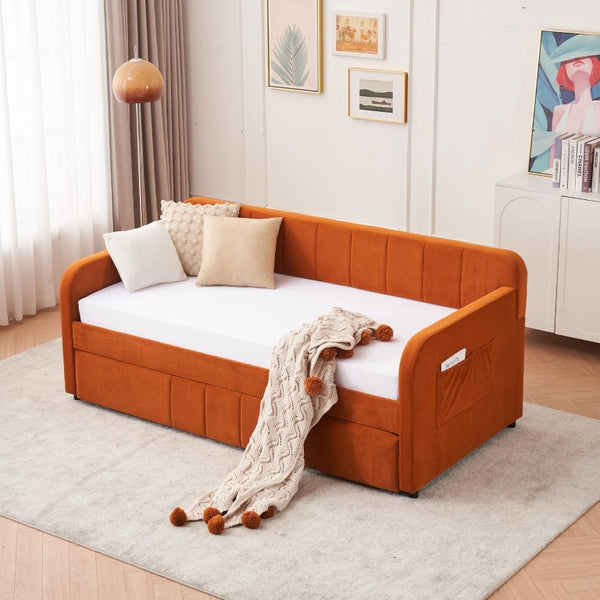 English Elm Twin Upholstered Daybed with Trundle Sofa Style Pine Frame for Guest Bedroom Orange W1361S00115