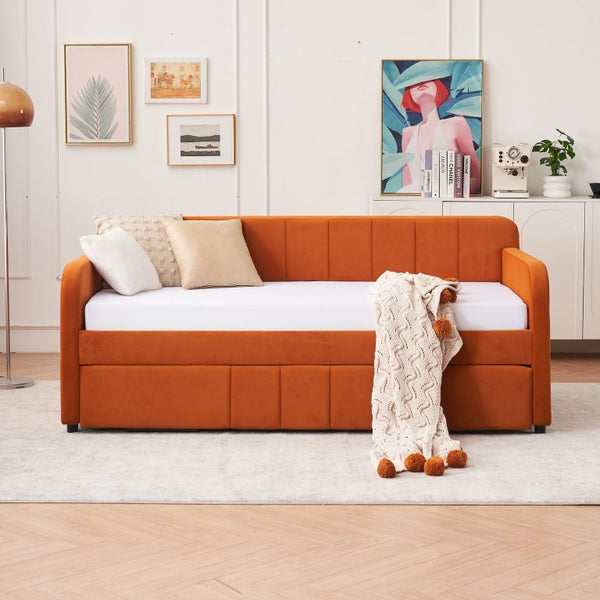English Elm Twin Upholstered Daybed with Trundle Sofa Style Pine Frame for Guest Bedroom Orange W1361S00115