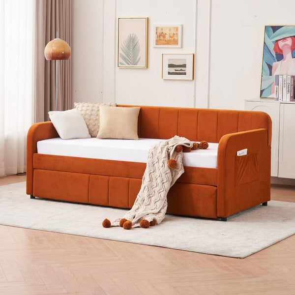 English Elm Twin Upholstered Daybed with Trundle Sofa Style Pine Frame for Guest Bedroom Orange W1361S00115