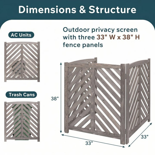 English Elm Air Conditioner Cedar Wood Slatted Privacy Screen Freestanding Outdoor Enclosure 3 Panel Gray W1390P503112