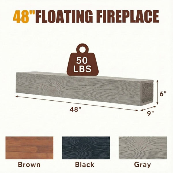 English Elm 48 Inch Solid Cedar Floating Fireplace Mantel Shelf with Natural Grain for Rustic Decor Grey W1390P532860