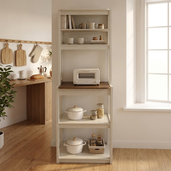English Elm 23.62 Inch Five Tier Farmhouse Kitchen Bakers Rack with Coffee Bar and Open Shelving W1412P230429