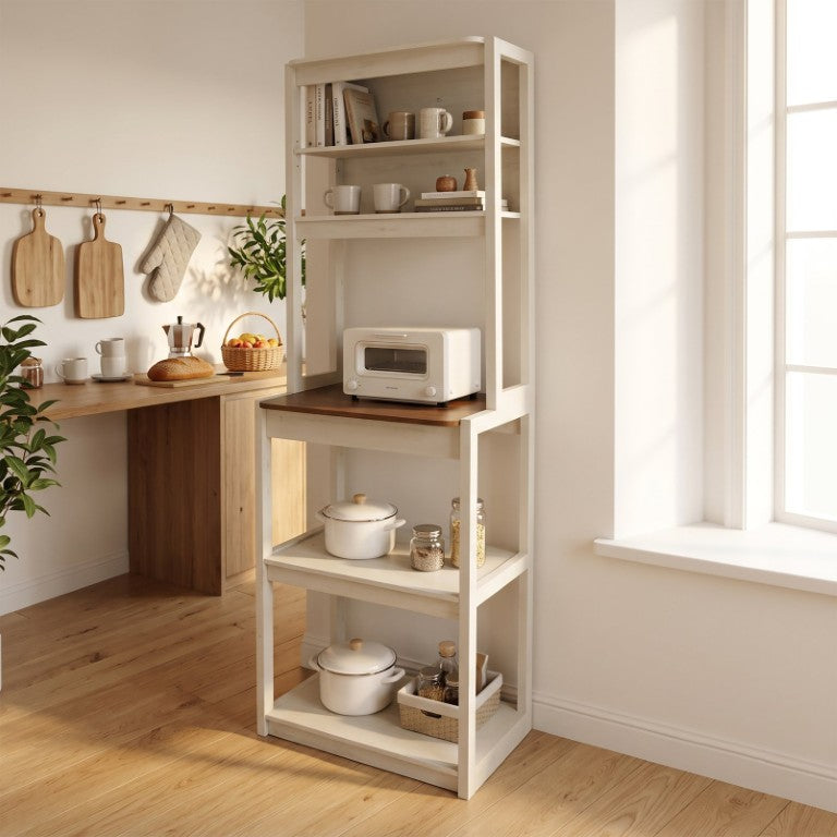 English Elm 23.62 Inch Five Tier Farmhouse Kitchen Bakers Rack with Coffee Bar and Open Shelving W1412P230429