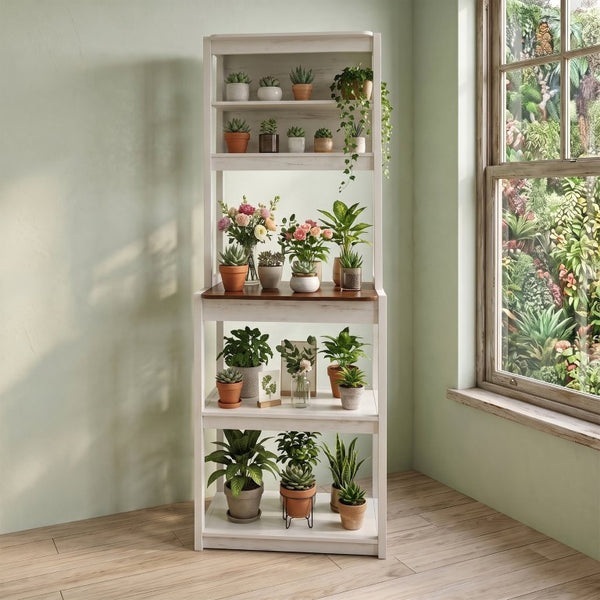 English Elm 23.62 Inch Five Tier Farmhouse Kitchen Bakers Rack with Coffee Bar and Open Shelving W1412P230429