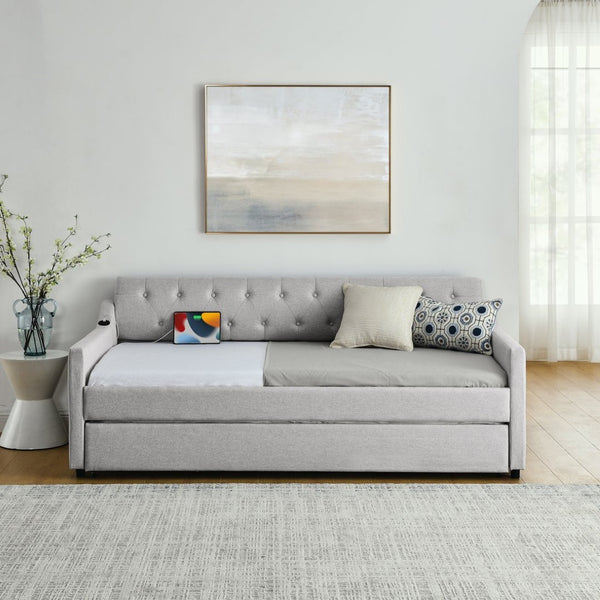 English Elm Spare Button Tufted Upholstered Daybed with Trundle Mid Century Modern Guest Room Sofa W1413124453