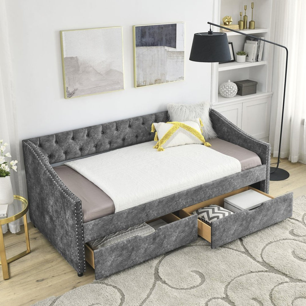 English Elm Spare Parts Tufted Fabric Daybed with Nailhead Arms and Twin Storage Drawers W141359430
