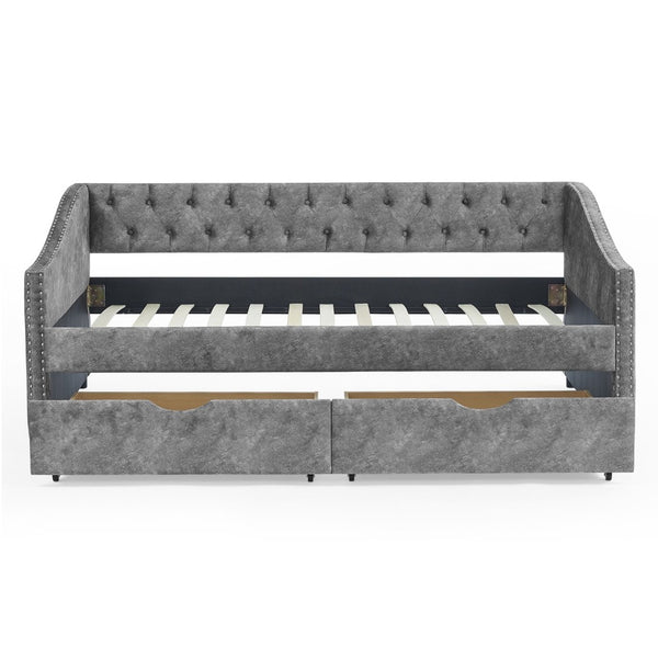 English Elm Spare Parts Tufted Fabric Daybed with Nailhead Arms and Twin Storage Drawers W141359430