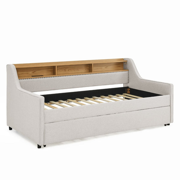 English Elm Spare Parts Rgb Led Daybed with Trundle Wireless Charging Storage Headboard Beige W1413P173403