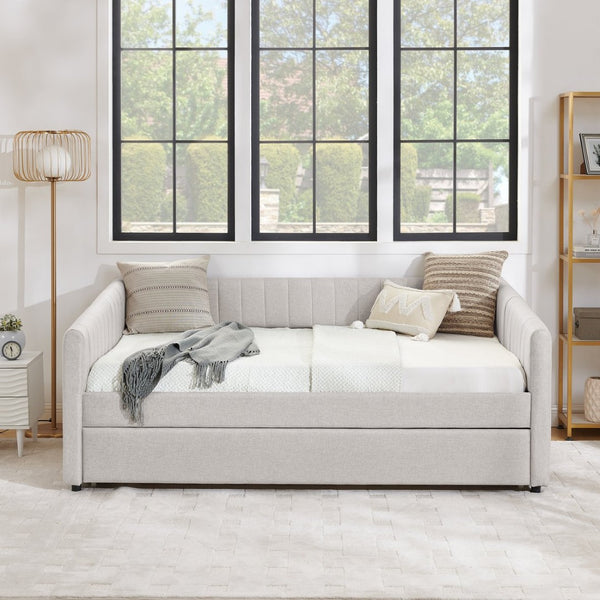 English Elm Spare Stripe Upholstered Daybed with Pull Out Trundle for Guest Bedroom Seating W1413P293014