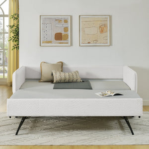 English Elm Spare Upholstered Daybed with Pull Out Trundle Twin Guest Sleeping Striped Fabric W1413P293018
