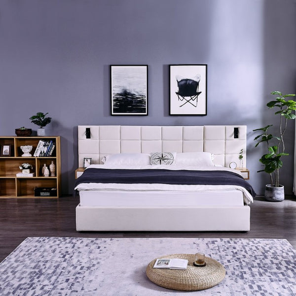 English Elm Spare Parts Upholstered Storage Platform Bed with LED Headboard and Built-In Side Shelves Beige Velvet W1413P298914