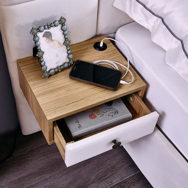 English Elm Spare Parts Upholstered Storage Platform Bed with LED Headboard and Built-In Side Shelves Beige Velvet W1413P298914