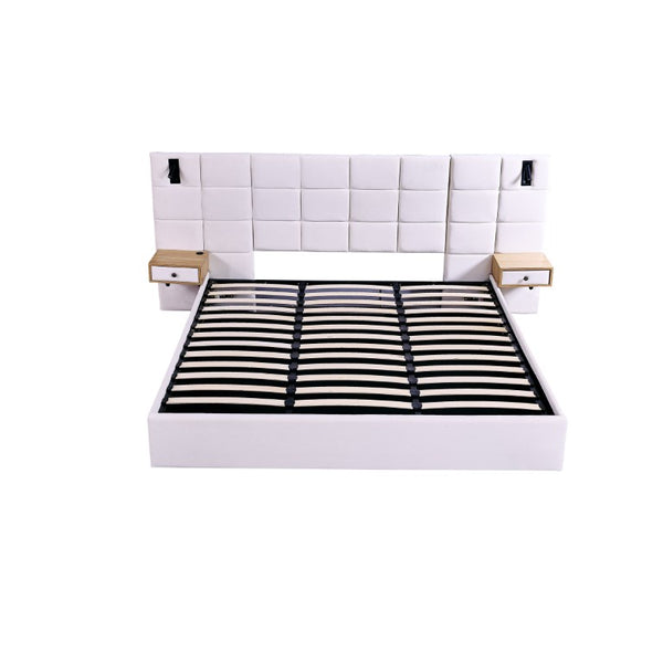 English Elm Spare Parts Upholstered Storage Platform Bed with LED Headboard and Built-In Side Shelves Beige Velvet W1413P298914