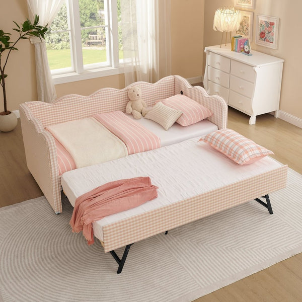 English Elm Spare Plaid Linen Daybed with Usb Port Wavy Frame Twin Sofa Bed for Guest Rooms W1413P307373