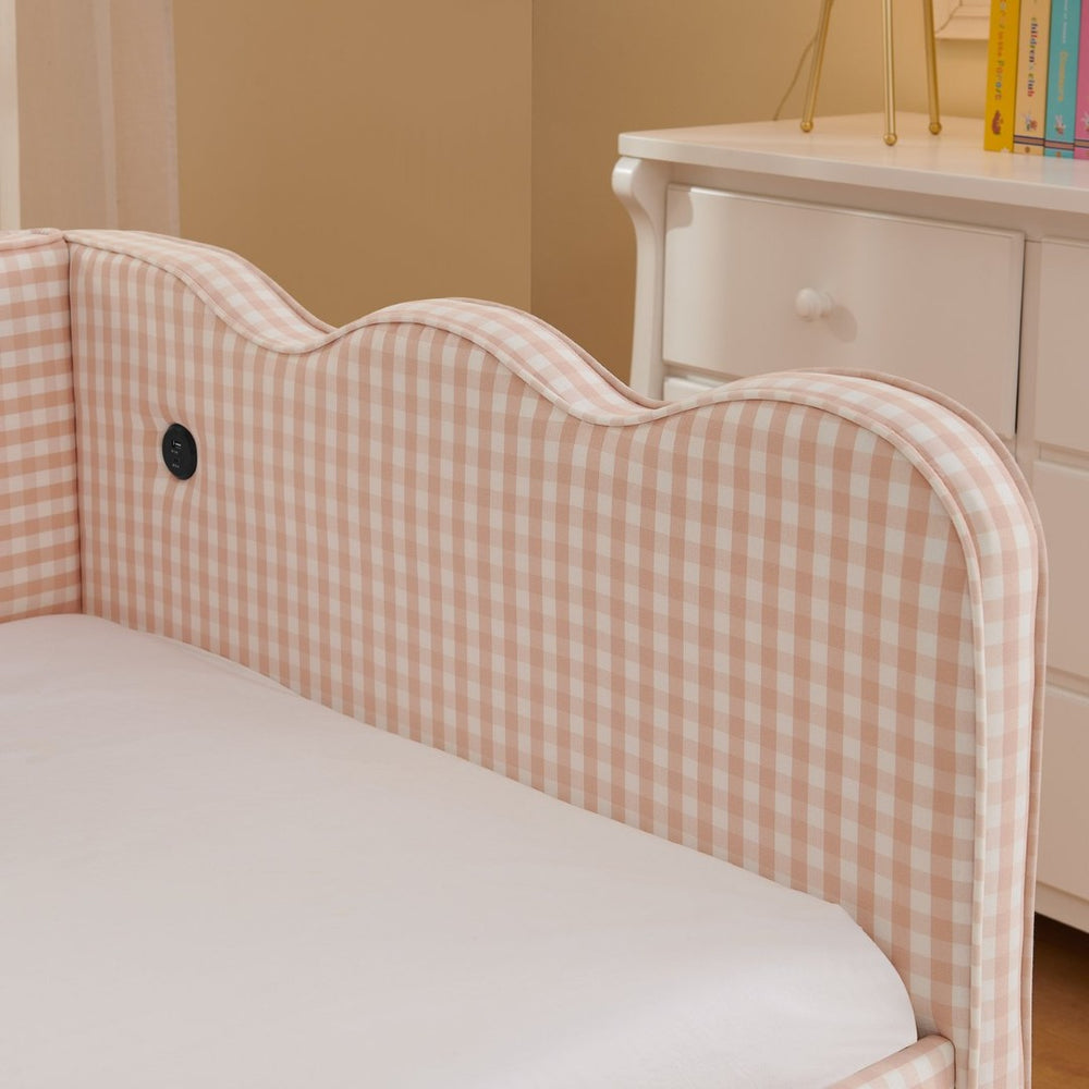 English Elm Spare Plaid Linen Daybed with Usb Port Wavy Frame Twin Sofa Bed for Guest Rooms W1413P307373