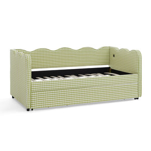 English Elm Spare Parts Upholstered Storage Platform Bed with LED Headboard and Built-In Side Shelves Green Linen W1413P307374
