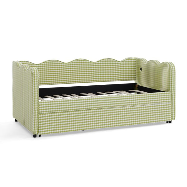 English Elm Spare Parts Upholstered Storage Platform Bed with LED Headboard and Built-In Side Shelves Green Linen W1413P307374