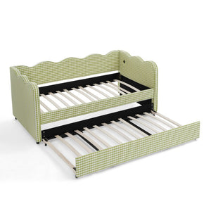 English Elm Spare Parts Upholstered Storage Platform Bed with LED Headboard and Built-In Side Shelves Green Fabric W1413P307375