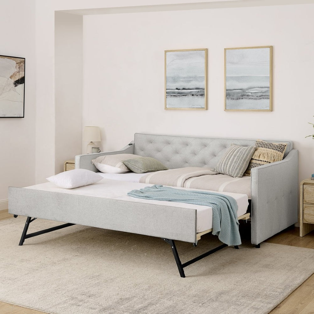 English Elm Spare Twin Daybed with Trundle Linen Upholstered Button Tufted Mid Century Sofa W1413P329283