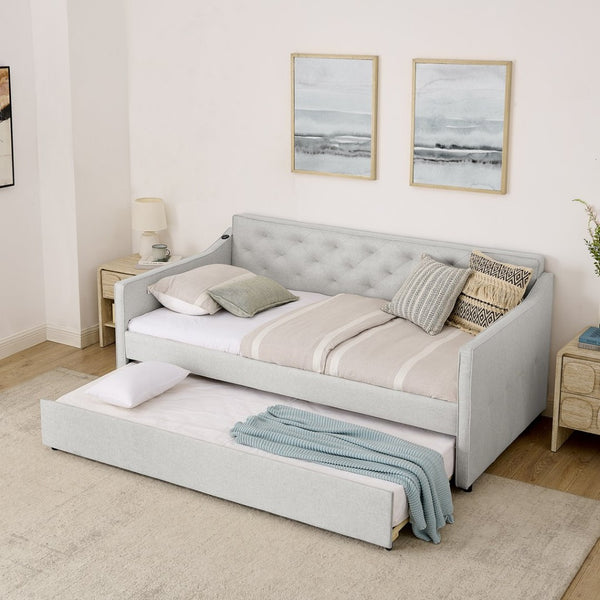 English Elm Spare Twin Daybed with Trundle Linen Upholstered Button Tufted Mid Century Sofa W1413P329283