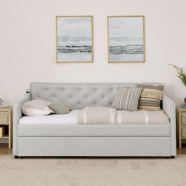 English Elm Spare Twin Daybed with Trundle Linen Upholstered Button Tufted Mid Century Sofa W1413P329283